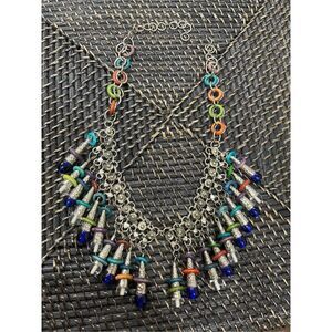 Vintage FolkArt Exotic Beaded Metal Pendant Necklace Costume Jewelry